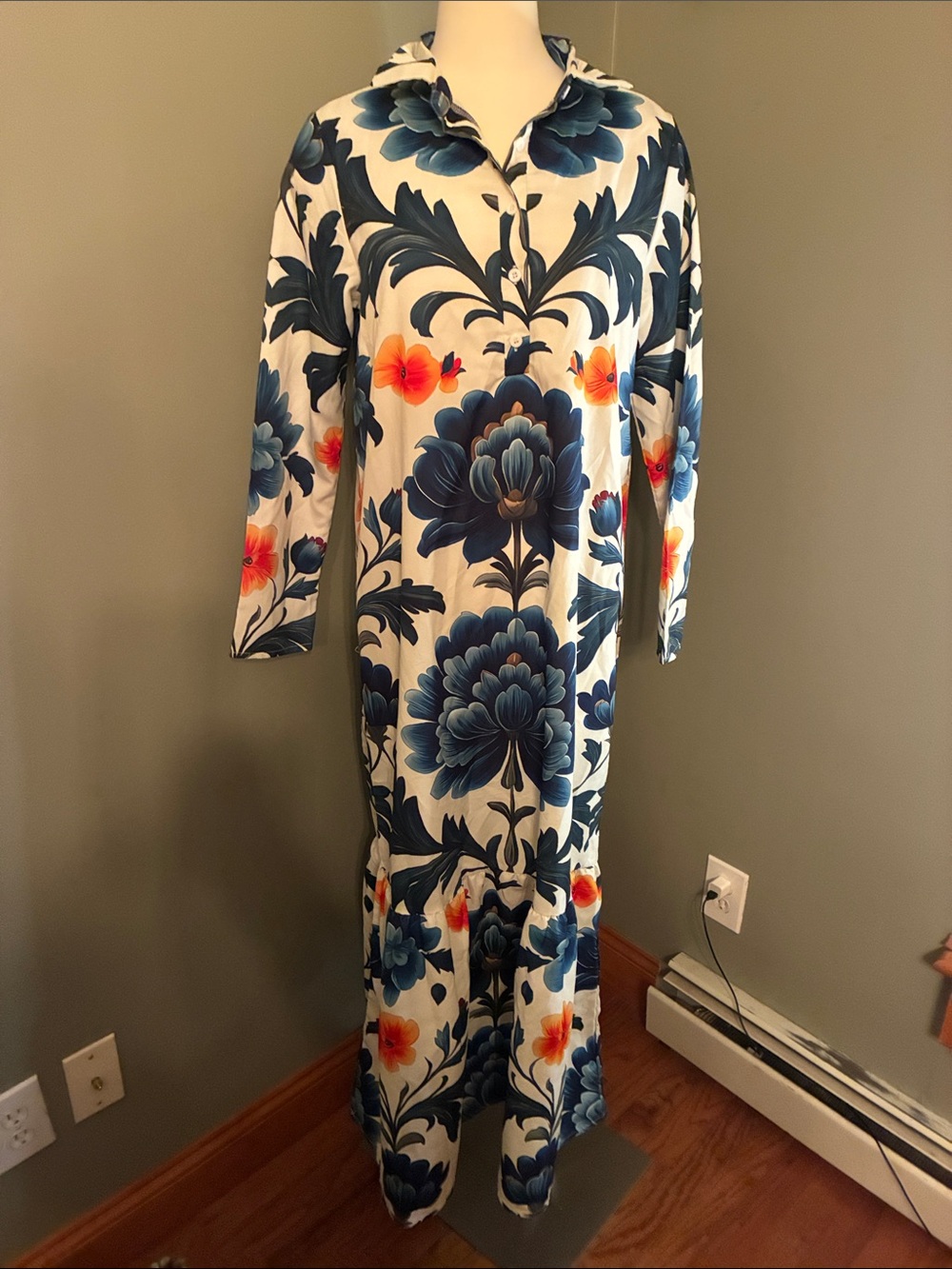 Blue Floral Long Sleeve Maxi Dress - Women's